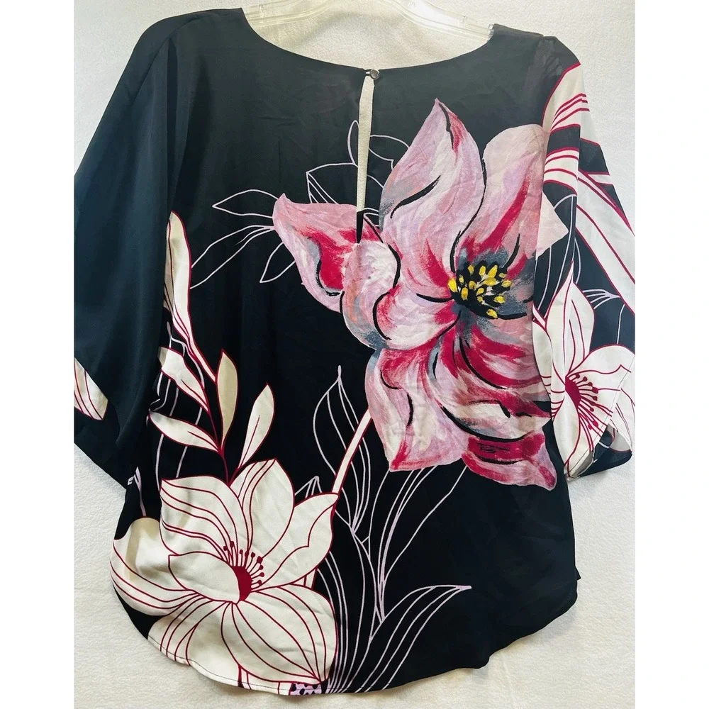 White House Black Market Floral Blouse Womens Size XXS Black Pink Dolman V-Neck - Picture 6 of 9